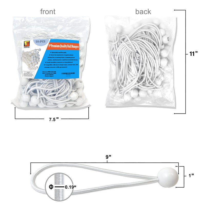 Wellmax 9 inch 50 Piece Heavy Duty 5mm Ball Bungee Canopy Cord by Wellmax, White Color - Image 5